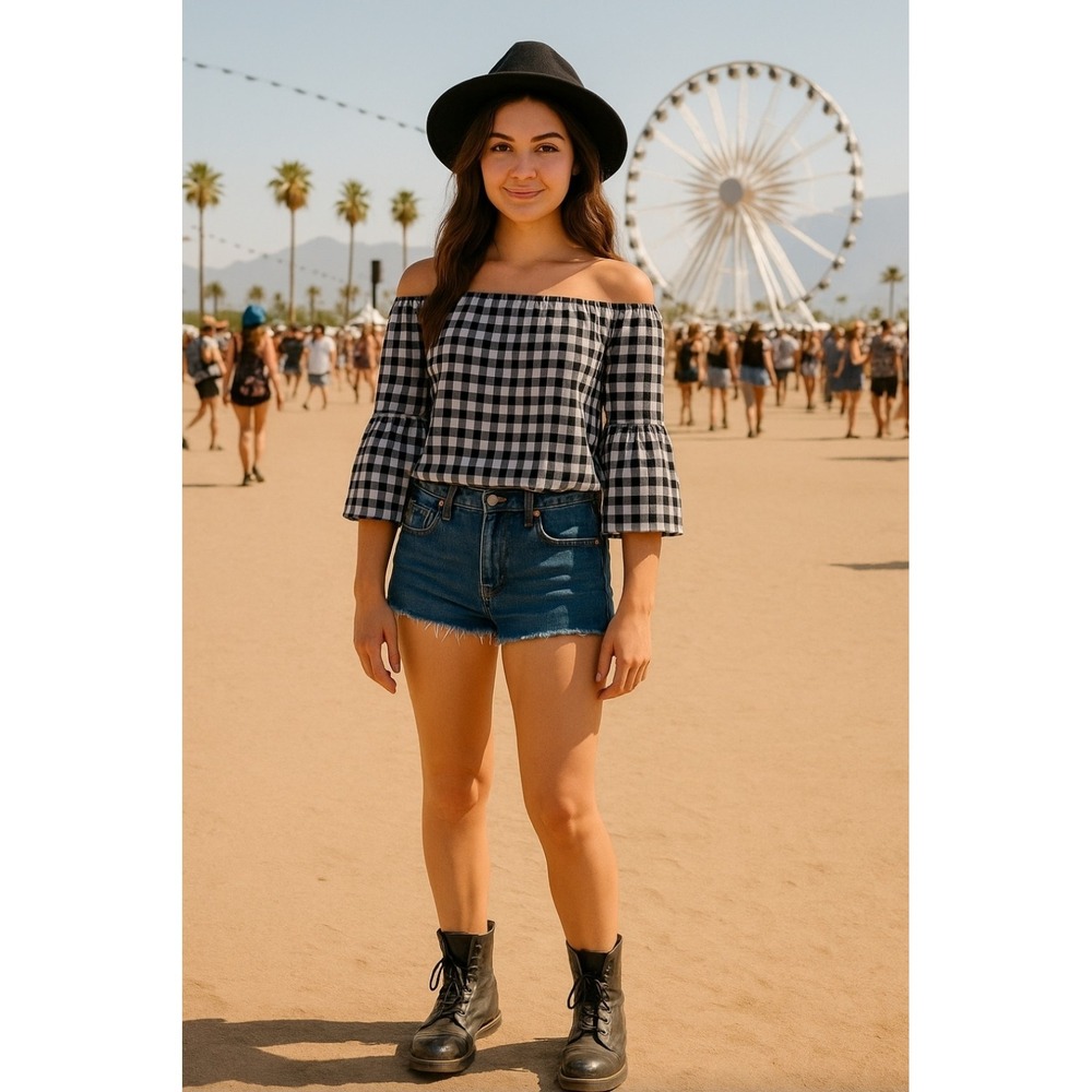 Who What Wear Womens Off Shoulder Bell Sleeve Black Gingham Top Sz MED‎ Festival